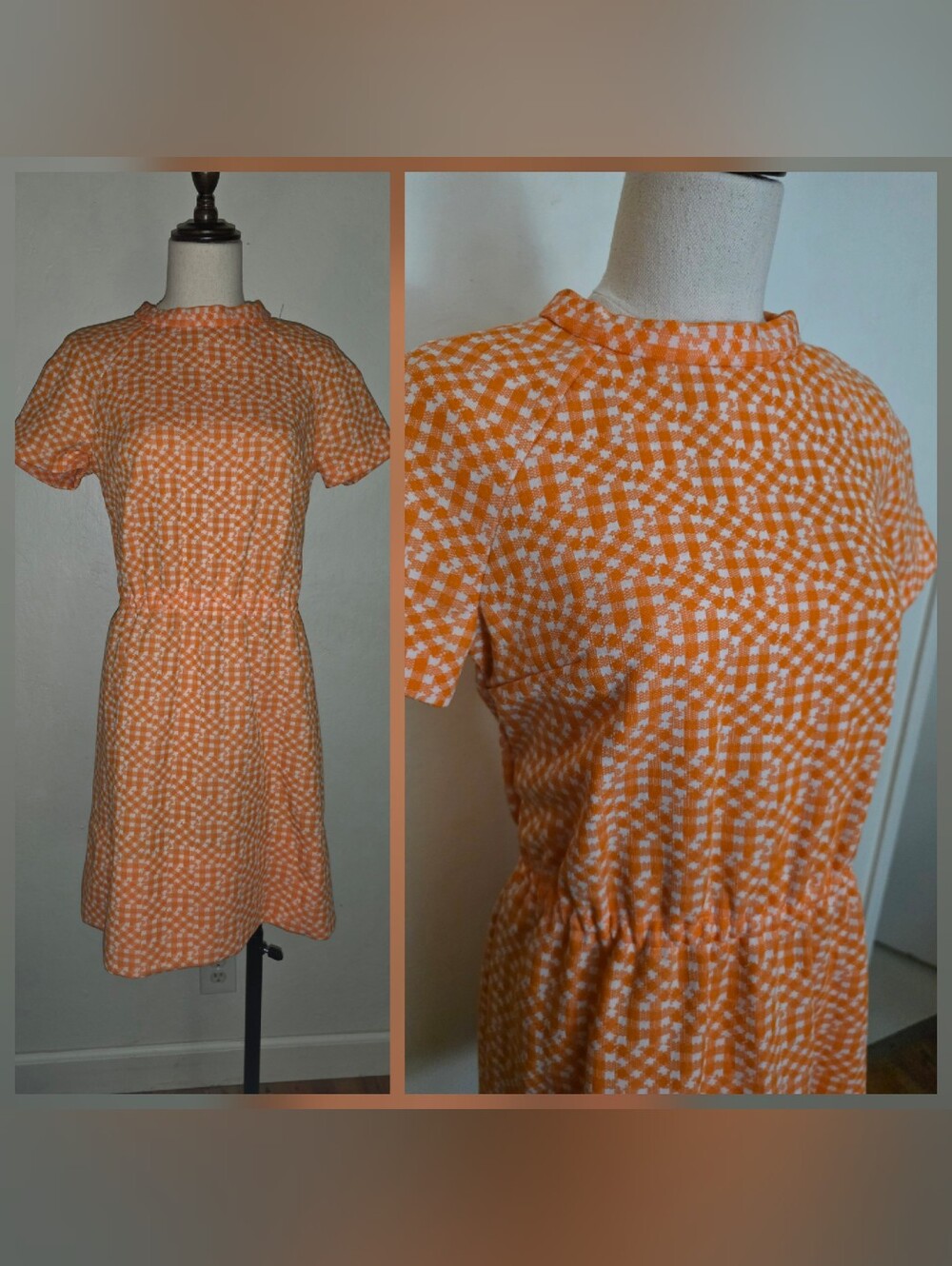 Vintage 1960s Shortsleeve Orange White Patterned High Neck Dress